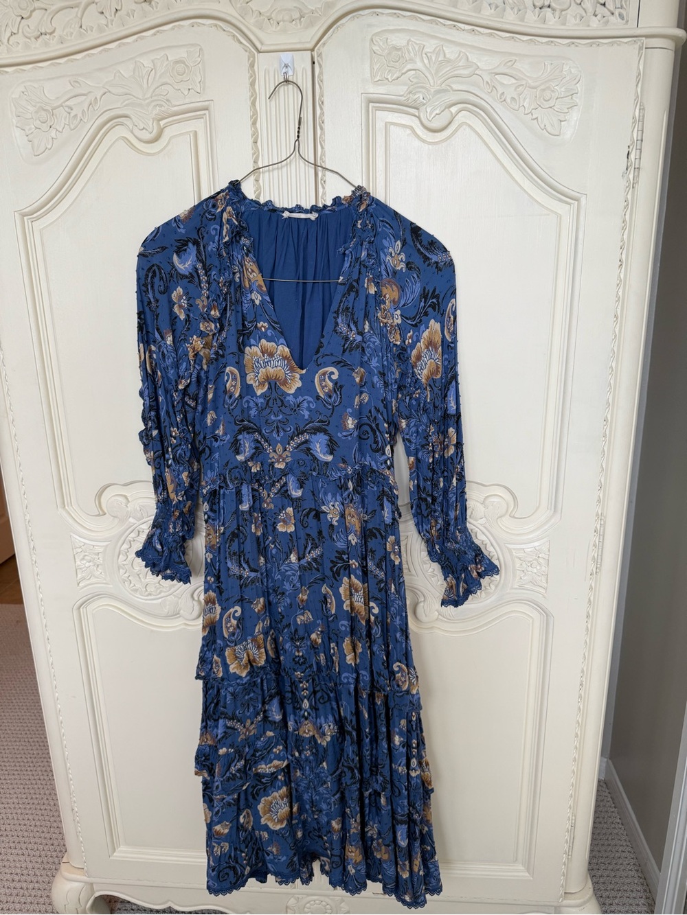 Spell Aurora Gown Blue Floral V-Neck Tiered Midi Dress